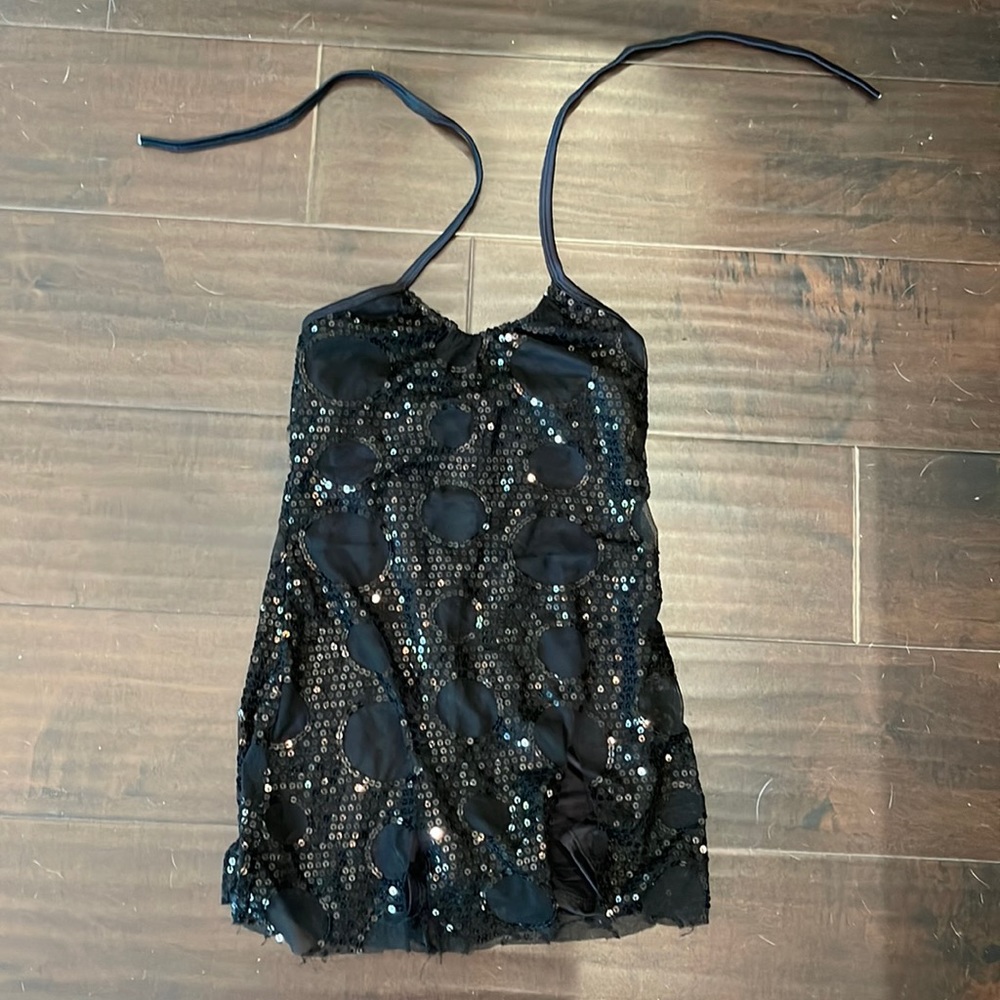 Leo’s Dance Costume Small Adult Romper with sequin sheath over, adjustable tie